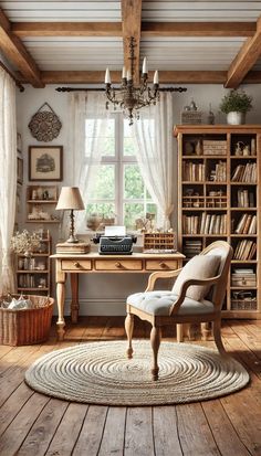 an old - fashioned desk and chair in the corner of a room with bookshelves