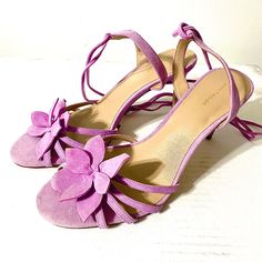 Ann Taylor- Lilac Flower Suede Heeled Sandal Purple Flower Graceful Lilac Color Sandal Wrapped Heels Brand New Retail - $138 Size 9.5 Dm For A Super Deal ;) Purple Sandals With 4-inch Heel And Ankle Strap, Summer Purple Open Heel Sandals, Purple Open Heel Sandals For Spring, Purple Closed Toe Heels For Summer, Purple Open Heel Summer Heels, Purple Ankle Strap Sandals With 4-inch Heel, Lavender Heels For Summer Party, Purple Sandals With Heel Strap For Summer, Purple Sandals For Spring Party