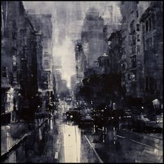 a painting of a city street with buildings and cars on the road in the rain