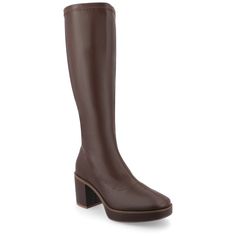 Introducing Alondra by Journee Collection, the knee-high boot that brings back the trendy 70s style with a daring twist. These boots feature a square-toe design and a convenient zipper entry for easy on and off. With a 4 mm Tru Comfort Foam™ footbed and a platform with a 3-inch block heel, Alondra ensures both style and comfort. Made with stretchable vegan leather and detailed with a center seam, these boots are perfect for making a bold fashion statement. Heel Knee High Boots, Vegan Leather Boots, Platform Block Heels, Square Toe Boots, Square Toe Heels, Wide Calf Boots, Famous Footwear, 70s Style, Toe Boots