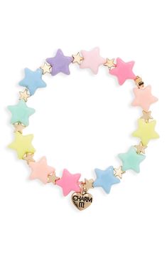 This beaded bracelet in a rainbow of colors is great for stacking or as a base for all her pretty charms (sold separately). Adult supervision strongly recommended; jewelry presents choking hazard and should be removed when infant or small child is unattended 1/4" band width; 1/2" x 1/2" charm Plastic/goldtone plate Imported Kids' Wear