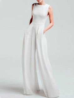 Elegant Sleeveless Wide Leg Pants Pockets Jumpsuit White Jumpsuits, Overalls Casual, Colorful Jumpsuit, Pocket Jumpsuit, Loose Jumpsuit, Fashion Bottoms, Looks Party, Jumpsuit Elegant, Long Romper