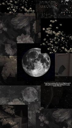 the full moon is shown in black and white, with many small flowers growing out of it