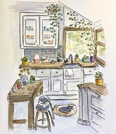 a watercolor and ink drawing of a kitchen with plants on the counter, potted plant in the window