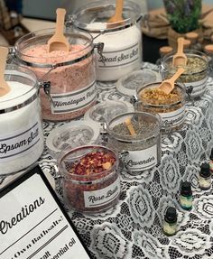 Make Your Own Bath Salt - The Catalyst Mercantile Build Your Own Bath Salt Bar, Bath Salts Bar, Bath Salt Bar Display, Bath Salt Bar Party, Herbal Organization, Bath Salt Bar, Diy Bath Salts With Essential Oils, Herbal Design, Diy Bath Salt