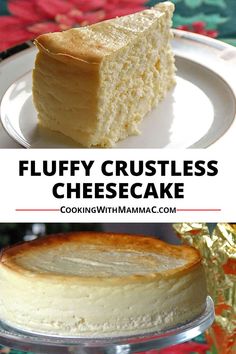 Fluffy Crustless Cheesecake recipe by Cooking with Mamma C. Slice of cheesecake on a plate, crustless cheesecake on a cake stand. Fluffy Cheesecake Recipe, Crustless Cheesecake, Creamy Cheesecake Recipe, Fluffy Cheesecake, Yummy Cheesecake, Cheesecake Recipes Classic, Ny Style, Easy Cheesecake Recipes, Gf Desserts