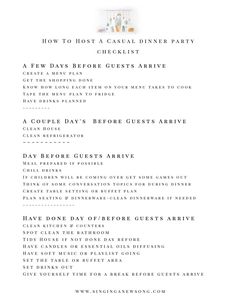 the menu for an event is shown in black and white, with text that reads how to host a casual dinner party