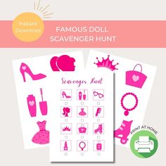 the printable scavenger hunt is shown with pink silhouettes on white paper