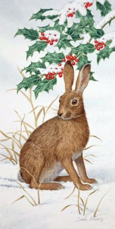 a painting of a rabbit sitting in the snow next to a christmas tree with berries on it