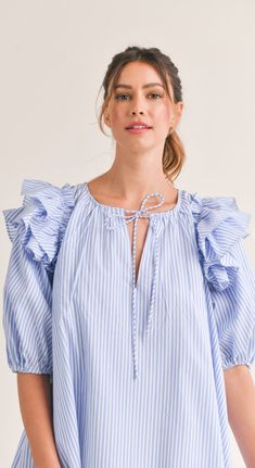 Short puff sleeve stripped ruffle shoulder detail mini dress. Runs true to size Linen Fashion, Puffed Sleeves Dress, Daily Fashion, Knit Jersey, Puff Sleeve, Blue Dresses, Pretty Outfits, Dress Outfits, Mini Dress