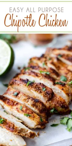 grilled chicken on a cutting board with limes and parsley in the background