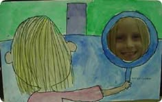 a child's drawing of a girl holding a mirror with her reflection in it