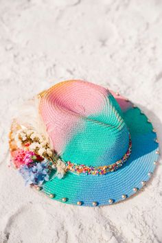 TROPICAL RAINBOW SUN HAT | Judith March Rainbow Hat, Rainbow Hats, Judith March, White Feathers, Rainbow Flowers, Sun Hat, Summer Outfit, Sun Hats, Feathers