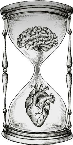 an hourglass with a human heart in the middle and brain inside, vintage line drawing or engraving illustration