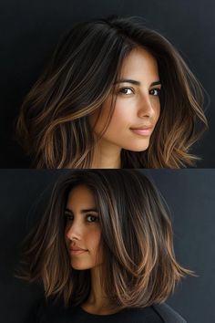 Brunette Balayage Fine Hair, Brunette Bob With Highlights Balayage, Balayage Bob Brunette Caramel, Medium Brunette Haircut, Brunette Caramel Balayage Hair, Effortless Brunette, Balayage Bob Brunette, Brunette Bob With Highlights, Low Maintenance Brunette