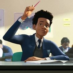 an animated man sitting at a desk in front of a laptop computer and holding a pen