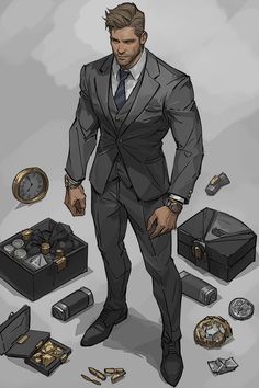 a drawing of a man in a suit standing next to some boxes and other items