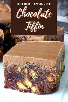 chocolate fudge fudge brownies with text reading reader favorite chocolate fudge fudge