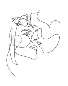 a black and white drawing of a woman's face with flowers in her hair