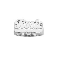 The SNS103 name ring is a classic but timeless jewelry, designed with script letters and accompanied by lovely heart-centered tail. This ring runs small, perfect for girls or women with small hands. * Personalize with name of choice * Solid Sterling Silver (0.925) * Plated in White Rhodium, Yellow Gold, or Rose Gold * Measures approximately 8.0 mm from initial to tail * Weighs about 3.5 grams * Item Number: SNS103L Note: Please double check the spelling on the name (up to 8 characters) when you Classic White Engraved Personalized Ring, Silver Nameplate Rings For Anniversary, Classic Rings With Custom Name For Personalized Gift, Classic Personalized Name Ring, Classic Custom Name Rings For Personalized Gift, Elegant Silver Nameplate Ring, Classic Silver Rings With Names, Classic Engraved Name Ring For Personalized Gift, Silver Nameplate Engraved Ring