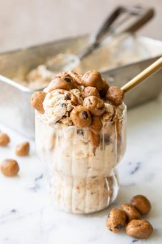 an ice cream sundae with nuts in it