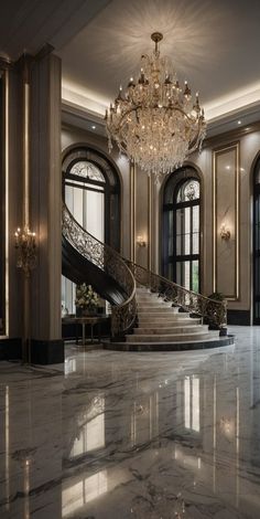 an elegant foyer with marble floors and chandelier