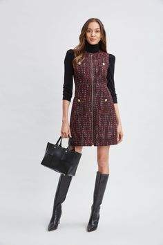 Go all in on the tweed trend in our Italian Tweed Dress. The luxe texture and patina of the weave lend a sophistication to Elie’s modern take on the shift dress. Designed with a zipper down the center front & crest button detailing the pockets, this ultra-chic dress is perfect for desk to dinner. Try it layered with our cashmere blend turtleneck for a fresh Fall look. Elie Tahari Exclusive Tweed Shift Dress with Gold Buttons & Zip Front Closure 34% Acrylic, 29% Polyester, 16% Wool, 11% Polyamide Chic Knee-length Tweed Dress For Fall, Fall Office Tweed Knee-length Dress, Fall Office Knee-length Tweed Dress, Chic Tweed Dress For Business In Fall, Fall Tweed Dress For Work, Wool Tweed Knee-length Dress For Work, Knee-length Wool Tweed Dress For Work, Knee-length Wool Tweed Dress For Fall, Tweed Shift Dress