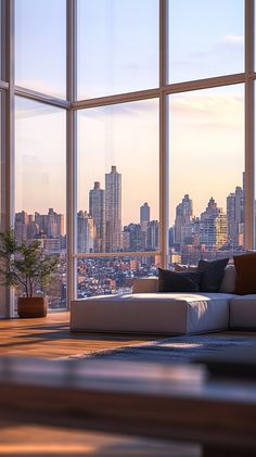 a living room filled with furniture and large windows overlooking the cityscape in the distance