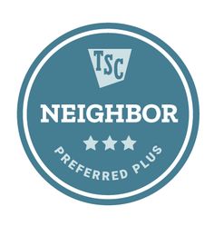 the logo for neighborhood preferred plus, which has five stars and is blue with white lettering