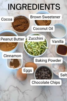 ingredients for chocolate chip cookies laid out in bowls on a marble countertop with text overlay