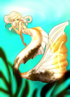 a drawing of a mermaid sitting on the back of a large white fish with long blonde hair