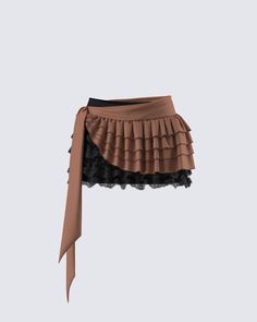 Ruffling some feathers in the sweetest way possible 😌 Embody flirty and fun energy in this black A-line mini skirt complete with five tiers of lace ruffles, a detachable brown ruffle sash, and an elastic waistband 🤎 Fitted Brown Tiered Mini Skirt, Brown Ruffled Tiered Mini Skirt, Brown Tiered Ruffle Skirt, Party Tiered Mini Skirt With Ruffles, Elegant Tiered Ruffle Mini Skirt, Brown Ruffled Skirt, Brown Ruffled Mini Skirt, Pleaded Skirt, Skirt With Ruffles