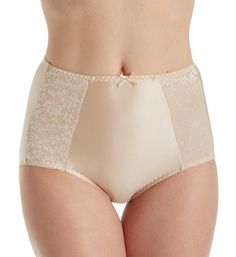 These fabulous high rise briefs have a no ride-up design and a silky soft feel with a beautiful, lustrous finish and a smooth look under your clothing. Sewn-on picot-edged elastic along waist and leg openings maintains a custom fit. Bow at center front of waist. Stretch knit body has a light shiny finish. Floral-patterned lace insets at front sides. Cooling and wicking properties keep you dry and comfortable. High rise. Brief provides full rear coverage. Smooth, seamless rear with no ride-up. Ta Feminine Bottoms For Daywear, High Waist Smoothing Beige Bottoms, Feminine Fitted Satin Bottoms, Feminine Satin Bottoms, Elegant Full Coverage Shapewear With Contoured Waistband, Beige Full Coverage Smoothing Bottoms, Elegant Solid Bottoms With Contoured Waistband, Beige Smoothing Full Coverage Bottoms, Fitted Satin Short Length Bottoms