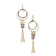 Metal Earrings - Architectural design inspired by the gold jewelry and decorative aesthetic of ancient Egypt. Two overlapping circles suspend the lower elements with a signature wire wrapping technique.  A set of three unique and custom designed semi-circle shapes form a linear capstone to the elongated triangle that balances out the design for a captivating look. French hook-style ear wires. Nickel-free components. Contemporary Teardrop Metal Jewelry, Elegant Brass Hoop Earrings With Oxidized Finish, Elegant Oxidized Brass Hoop Earrings, Elegant Gold Hoop Earrings With Oxidized Finish, Contemporary Yellow Gold Metal Earrings, Fusion Style Hand Forged Drop Earrings, Modern Brass Wrap Earrings For Pierced Ears, Hand Forged Brass Circle Earrings, Contemporary Metal Pierced Earrings