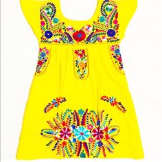 Mexican Dress Beach Summer Embroidered Cap Flutter Sleeves Yellow Size S This Is A Mini Mexican Dress, This Stunning Dress Has A Lot Of Handmade Pleated, Femenine And Delicate Details Along The Dress And Within The Pleated Elastic Along The Dress To Achive A Exquisite And Unique Combination In A Long Flattering & Comfortable Dress. Pieces Are Handmade Garment, Color, Design And Embroidering Variations Are Inherent In The Hand Process, Which Adds To The Unique Nature And Beauty Of Garment. Thank Yellow Beach Dress With Floral Embroidery, Yellow Embroidered Dress For Vacation, Embroidered Yellow Beach Dress, Yellow Embroidered Summer Dress, Yellow Cotton Festival Dress, Yellow Summer Embroidered Dress, Yellow Embroidered Folk Dress, Yellow Cotton Dress For Festival, Multicolor Embellished Short Sleeve Dresses