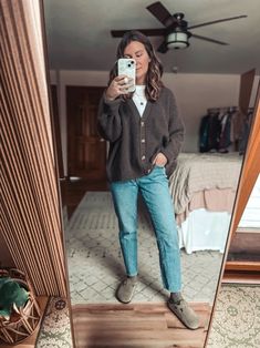 Brown Button Up Sweater Outfit, Jean And Cardigan Outfit, Button Front Cardigan Outfit, Round Neck Cardigan Outfit, White Button Cardigan Outfit, Winter Outfits With Birkenstock Clogs, Winter Boston Outfit, Cardigan As A Top, Clogs Outfit For Women Fall