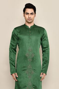 Forest green kurta featuring hand embroidery in the front. Paired with a white pyjama. - Aza Fashions Satin Hands, White Pajamas, Mens Pajamas, Aza Fashion, Forest Green, Hand Embroidered, Hand Embroidery, Pajamas, Forest