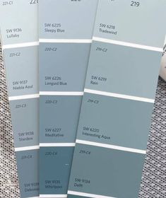 three shades of blue and gray on the same color scheme, one with white trim