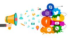 a hand holding a megaphone with social media icons surrounding it and the words online marketing services