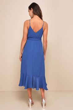 No matter the city your soiree is in, the Lulus Manhattan Moment Blue Ruffled Midi Wrap Dress is your perfect plus one! Lightweight woven fabric sweeps from adjustable spaghetti straps, into a darted bodice atop a midi wrap skit with cascading ruffles that trims the wrap silhouette and the high-low hem. Waist secures via a tying sash belt for an adjustable fit. Fit: This garment fits true to size. Length: Mid-calf length. Size medium measures 42.5" from adjustable straps to hem. Bust: Great for Blue Chiffon Maxi Dress With Spaghetti Straps, Blue Dress With Ruffled Straps For Date Night, Flowy Spaghetti Strap Midi Dress For Date Night, Blue Dress With Adjustable Straps For Dress Down, Elegant Flowy Midi Dress With Adjustable Straps, Chic Blue Maxi Dress With Ruffled Straps, Casual Blue Dresses With Adjustable Straps, Elegant Blue Midi Dress With Adjustable Straps, Blue Midi Dress With Adjustable Straps For Brunch