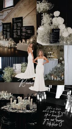 two women in white dresses standing next to each other at a table with candles and flowers