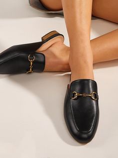 Metal Decor Loafer Mules | EMERY ROSE Mules Outfit, Black Mules, Women's Mules, Black Loafers, Loafer Mules, Retro Sneakers, Black Leather Heels, Gucci Mules, Trendy Fashion Women