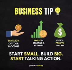 business tip for start small, build big, start taking action info graphic on blackboard