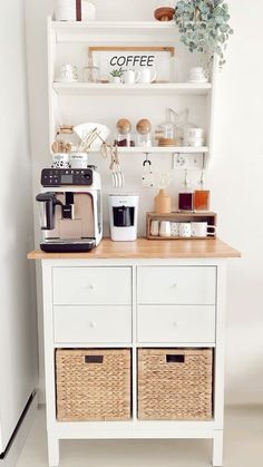 a coffee bar with wicker baskets on top