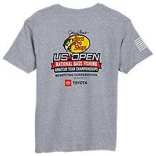 Our Bass Pro Shops\u00ae US Open Short-Sleeve T-Shirt for Kids makes a perfect choice for future stars learning sports and the Great Outdoors. This Bass Pro kids' shirt sports an unmistakable leaping-bass logo on the back along with US Open National Bass Fishing Amateur Team Championship. An additional BPS logo on the left chest and flag on the sleeve give extra style points. 100% cotton solid colors, 90% cotton/10% polyester heathered. Machine wash. Imported. \u000a \u000a 100% cotton solid col Fan Merchandise Tops With Custom Logo And Crew Neck, Custom Logo Short Sleeve Tops For Sports Events, Fan Merchandise Crew Neck Tops With Custom Logo, Crew Neck Tops With Custom Logo For Sports Season, Sporty Cotton Tops With Custom Logo, Custom Logo Crew Neck Tops For Sports Season, Custom Logo Crew Neck T-shirt For Sports Events, Athletic Heather Short Sleeve Tops For Sports Events, Casual T-shirt With Custom Logo For Sports Events