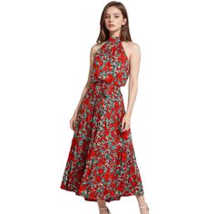 Elevate your summer wardrobe with the Anna-Kaci Women's Halter Neck Belted Ruffle Floral Print Maxi Dress a delightful blend of chic design and comfort. This maxi dress features a charming halter neck design, creating a sleeveless and look that opens up the arms. The dress is adorned with a vibrant floral print, adding a touch of femininity and flair. The cinched waist enhances your silhouette, and the below-knee length provides a perfect balance of style and comfort. Crafted from 100% soft poly Summer Clutch, Women Halter, Floral Print Maxi Dress, Floral Print Maxi, Printed Maxi, Cinched Waist, Printed Maxi Dress, Chic Design, Summer Wardrobe