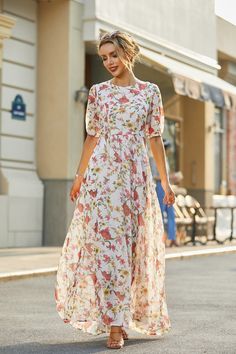 Multi New Trendy Dresses, Mode Prints, Colorful Maxi Dress, Floral Chiffon Maxi Dress, Mode Casual, Round Neck Dresses, Chiffon Maxi, Chiffon Maxi Dress, Floral Chiffon