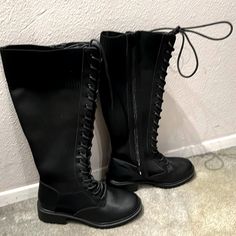 Black Stretch Knit Size 8w Boots From Torrid-Never Worn, Side Zipper, Lace Up Accent, Slight Chunky Sole Black Wide Calf Knee-high Lace-up Boots, Fitted Knee-high Black Combat Boots, Fitted Black Knee-high Combat Boots, Black Fitted Knee-high Combat Boots, Black Synthetic Knee-high Lace-up Boots, Black Synthetic Lace-up Knee-high Boots, Black Knee-high Lace-up Boots Medium Width, Black Medium Width Knee-high Lace-up Boots, Black Fitted Lace-up Boots For Casual Wear