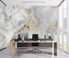 an office with marble walls and desks