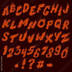 an orange fire font and numbers on a black background, with the letters in flame